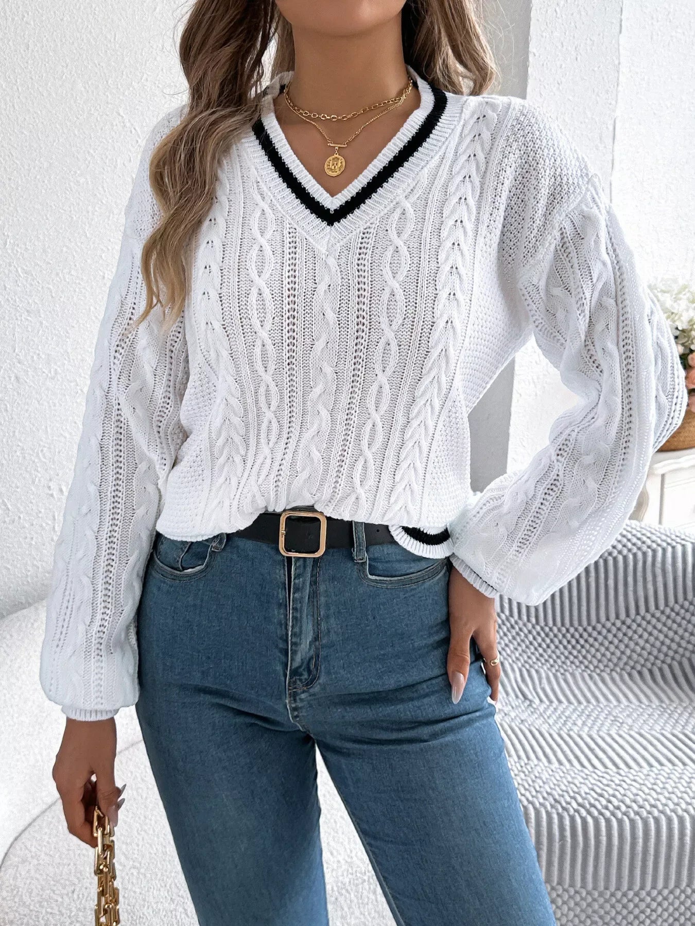 Sky Blue Preppy V-Neck Cable Knit Sweater - WEUXS