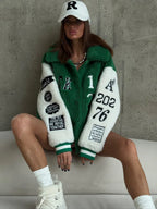 Vintage red and green sherpa bomber jacket with chenille patches and contrasting sleeves - View 7 | WEUXS