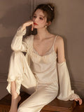 Lace Trim Satin 3-Piece Pajama Set - WEUXS