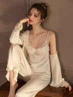 Lace Trim Satin 3-Piece Pajama Set - WEUXS