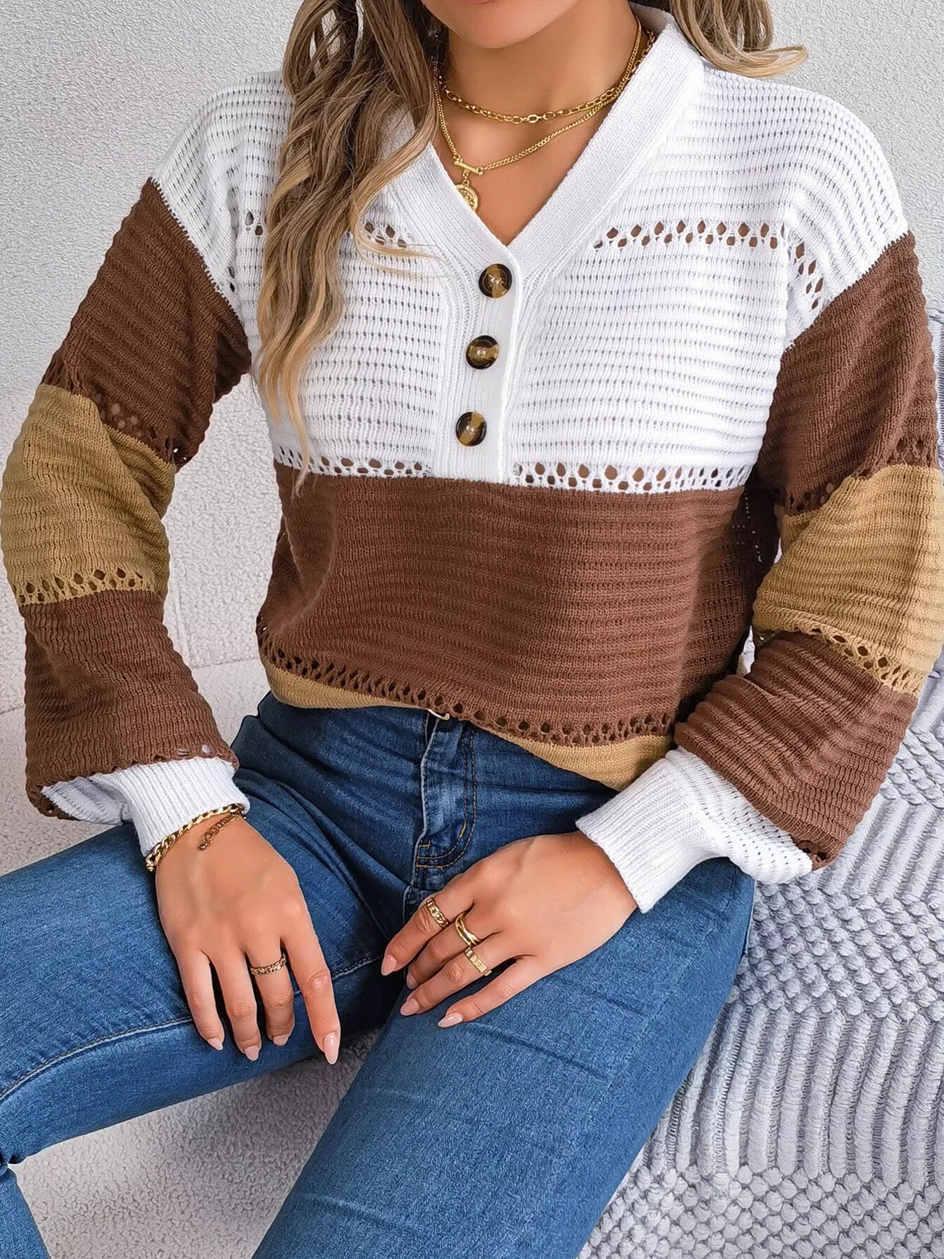 Color block knit henley sweater - View 6 | WEUXS