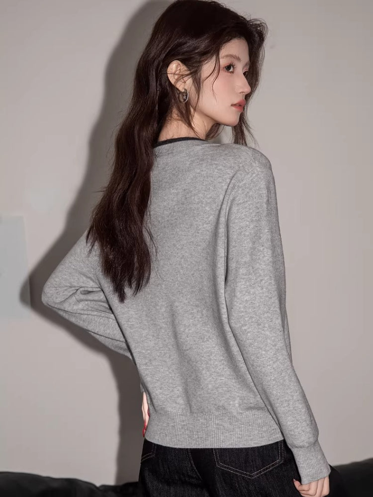 Grey mock two-piece v-neck knit cardigan - View 6 | WEUXS