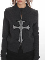 Fitted knit cardigan with cross detail and zip front - View 6 | WEUXS