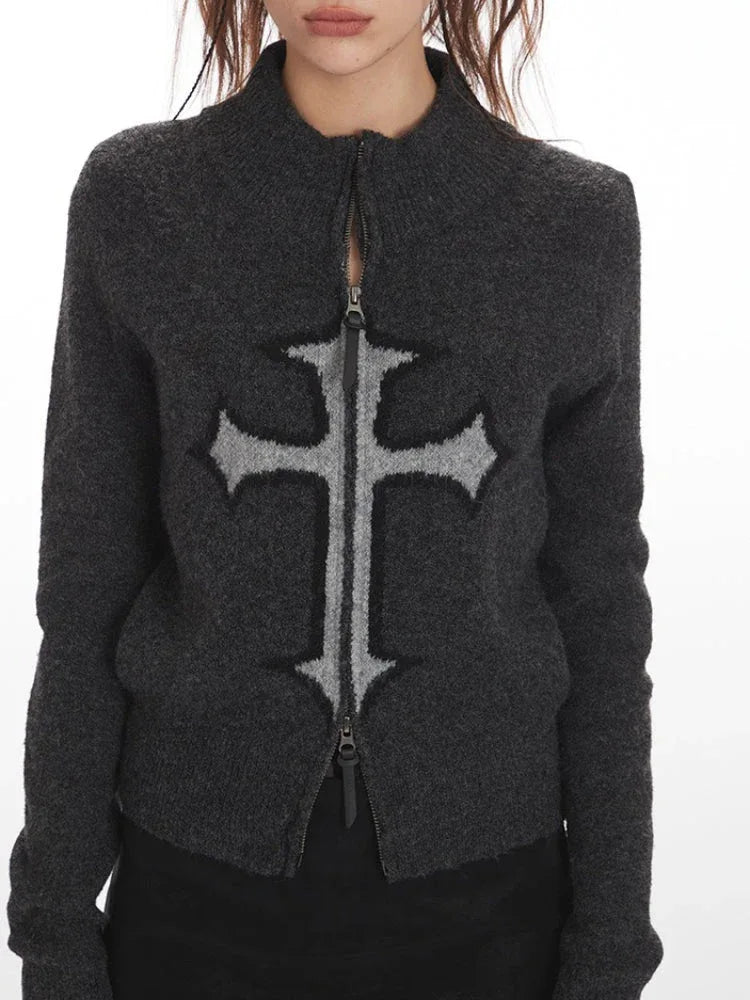 Fitted knit cardigan with cross detail and zip front - View 6 | WEUXS