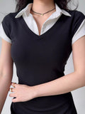 Front view of the faux layered collared crop top
