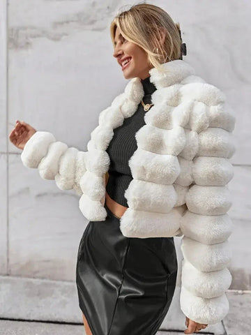 Pearl White Tiered Faux Fur Cropped Jacket - WEUXS