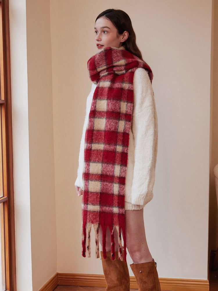 Festive Red Tartan Wool Blend Scarf