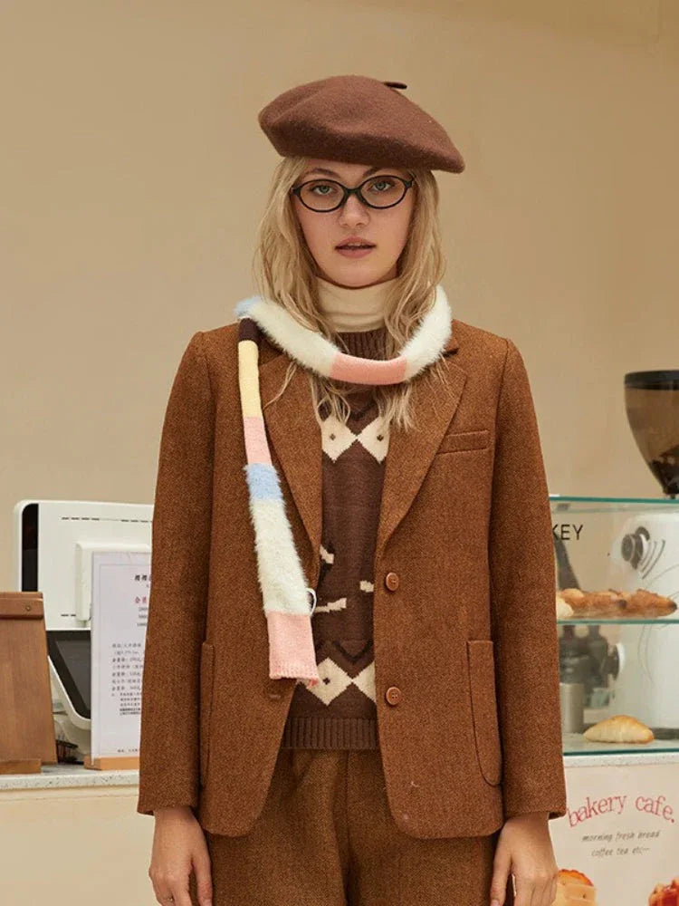 Woman wearing a brown textured wool blend blazer with a white turtleneck and a patterned sweater.