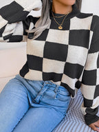 Checkerboard Knit Pullover Sweater - View 6 | WEUXS