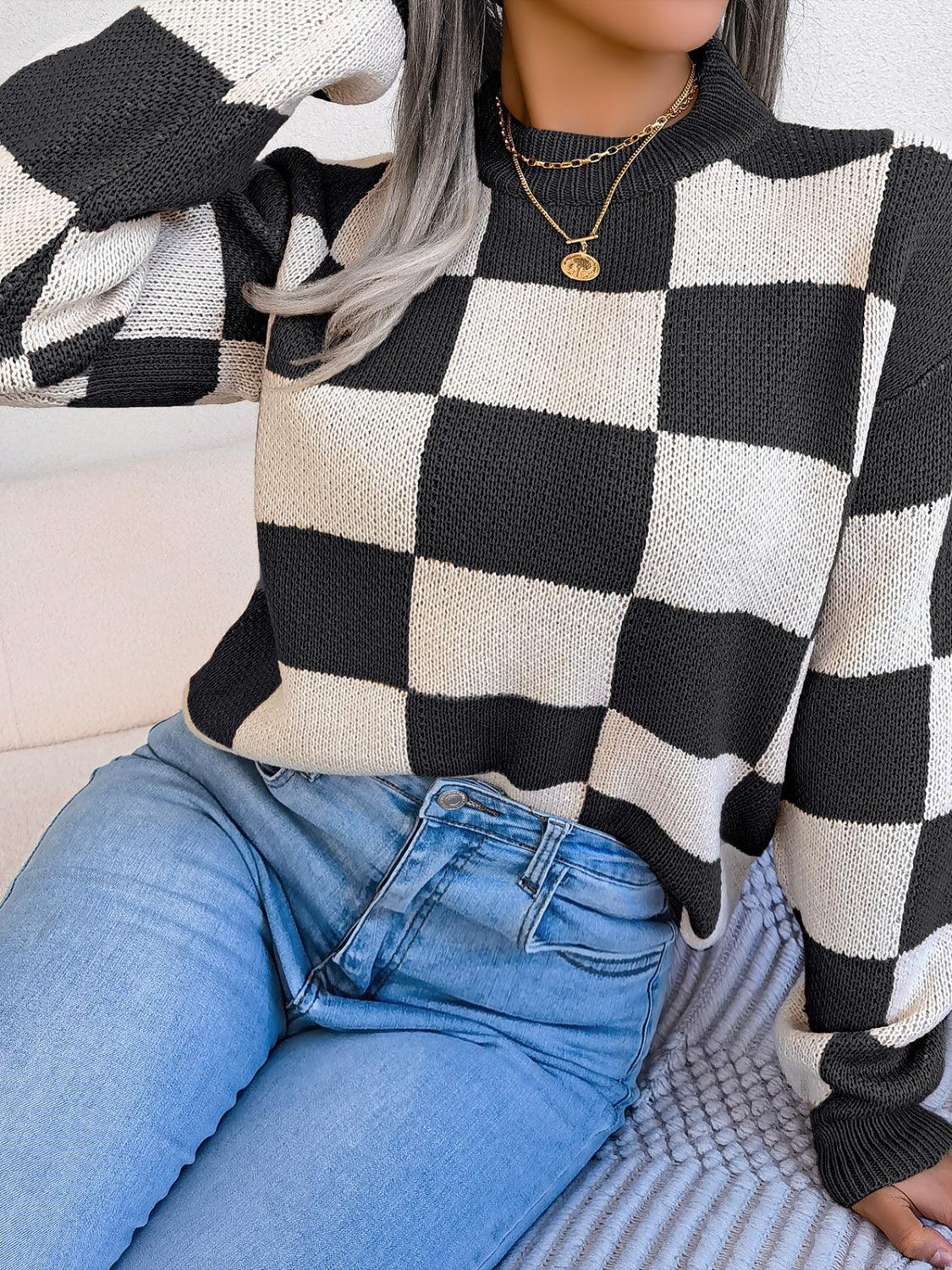 Checkerboard Knit Pullover Sweater - View 6 | WEUXS