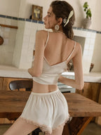 Button-Front Lace Satin Cami & Shorts Set - WEUXS