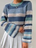 Front view detail of the bell sleeves on a blue, white, and green striped crochet knit cropped sweater.