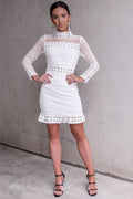 High Neck Short Tight White Lace Dress - Dress In Beauty