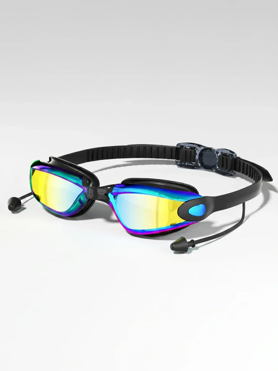 Black swimming goggles with iridescent mirrored lenses and attached earplugs