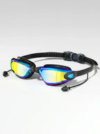 Black swimming goggles with iridescent mirrored lenses and attached earplugs