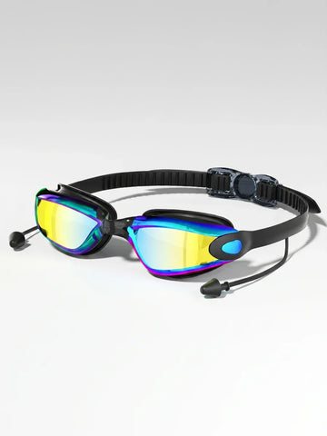 Black swimming goggles with iridescent mirrored lenses and attached earplugs
