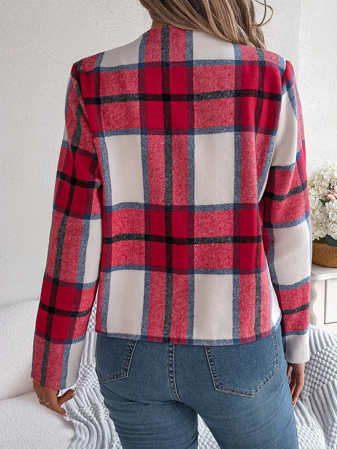 Chic Navy Blue Plaid Cropped Jacket - WEUXS