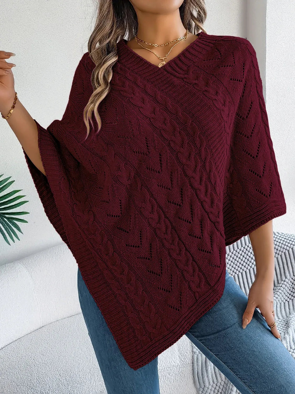 Cable Knit V-Neck Poncho Sweater - View 16 | WEUXS