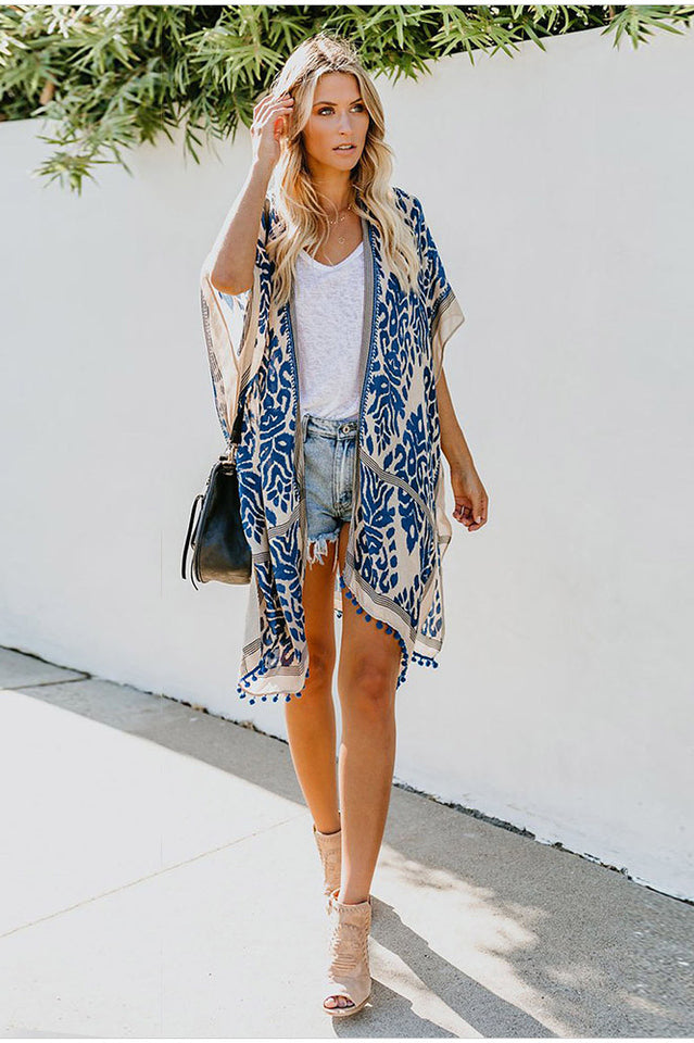 Seaside Resort Cardigan Printed Pompom Kimono | Dress In Beauty