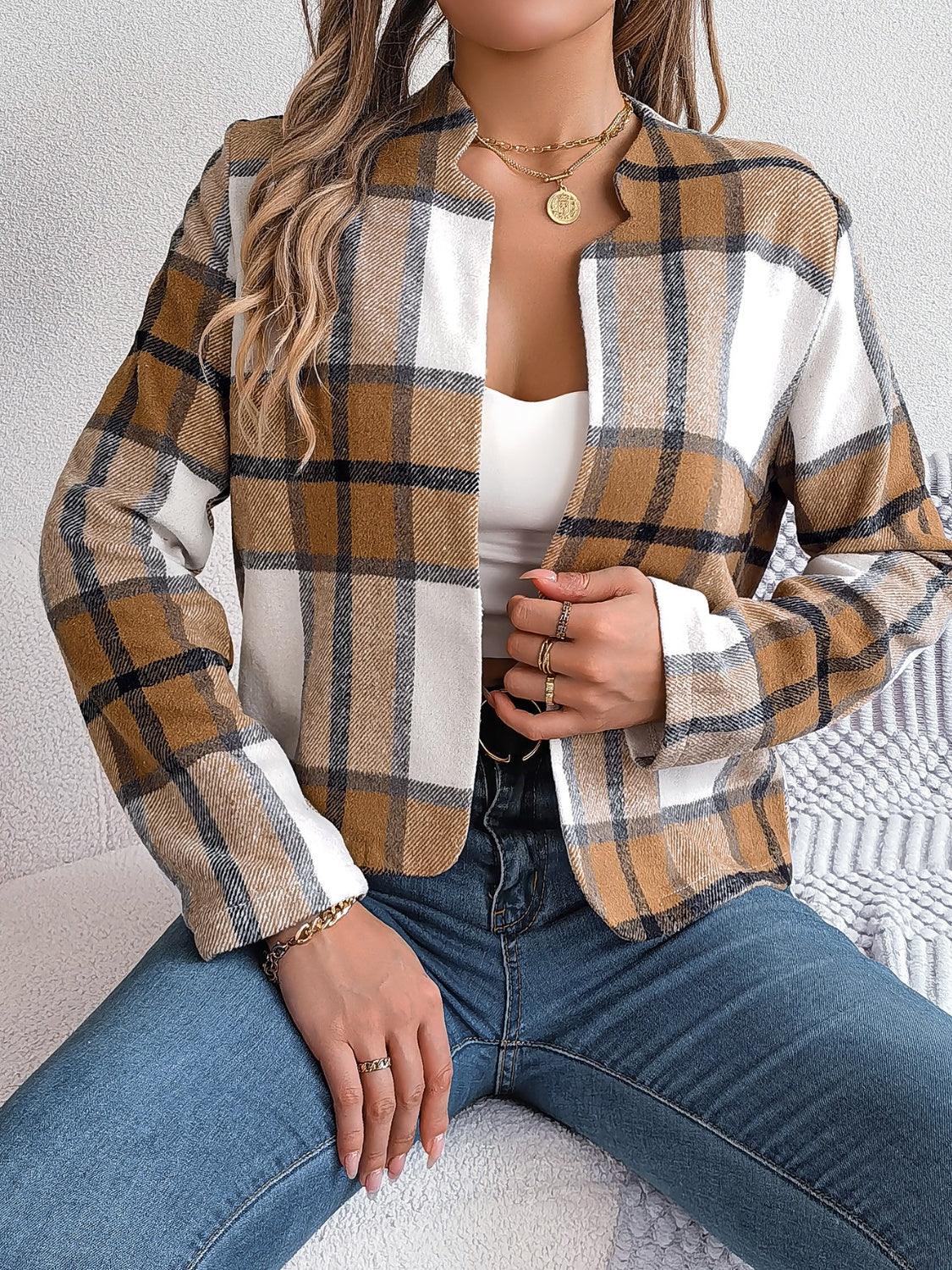 Chic Navy Blue Plaid Cropped Jacket - WEUXS