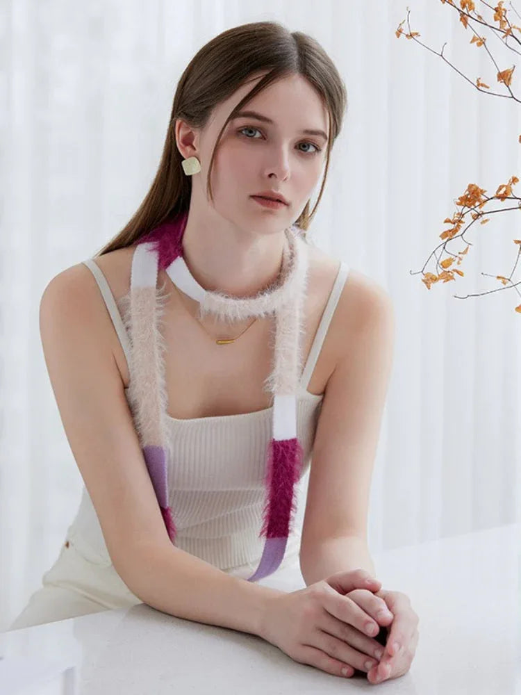 Fuzzy knit skinny scarf with color block pattern - View 10 | WEUXS