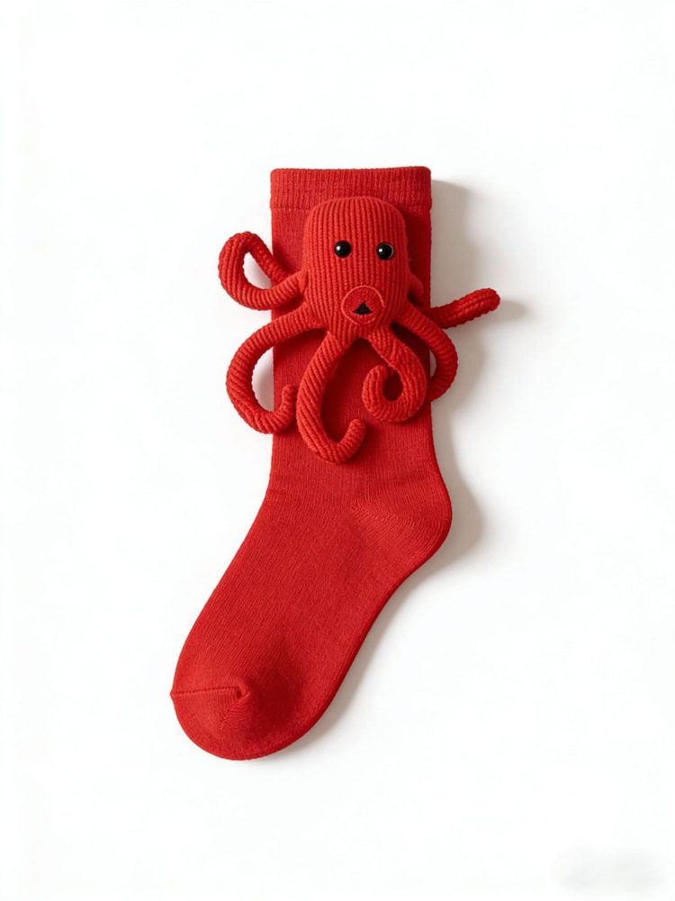 A single red sock with a detailed octopus embellishment