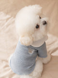 Front view of a white dog wearing a light blue knit pet sweater with a white Peter Pan collar and a small embroidered bear graphic on the left chest