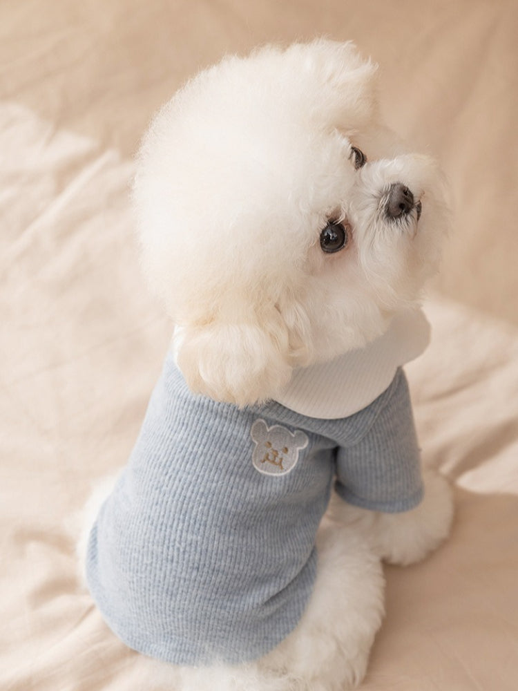 Front view of a white dog wearing a light blue knit pet sweater with a white Peter Pan collar and a small embroidered bear graphic on the left chest