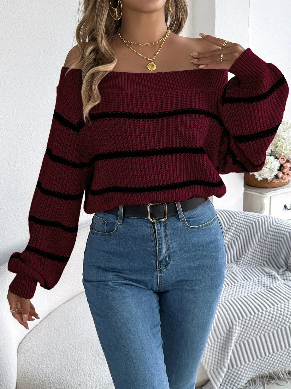 White Striped Off-Shoulder Knit Sweater - WEUXS