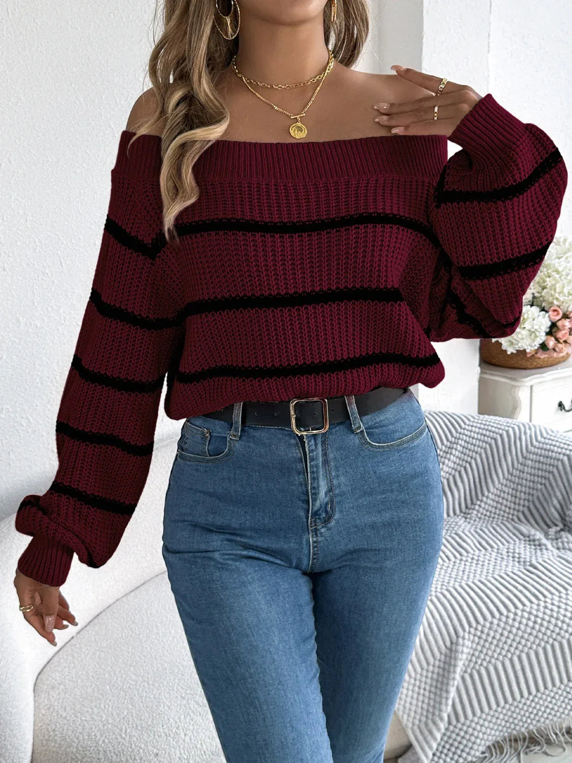 White Striped Off-Shoulder Knit Sweater - WEUXS