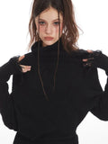 Asymmetric Distressed Knit Top in black - View 6 | WEUXS