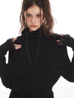 Asymmetric Distressed Knit Top in black - View 6 | WEUXS