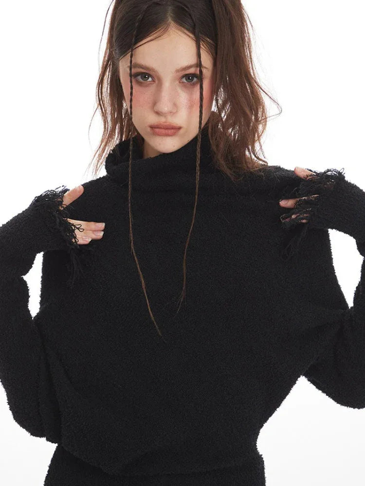 Asymmetric Distressed Knit Top in black - View 6 | WEUXS