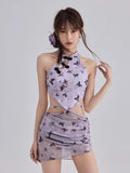 Mandarin Collar Butterfly Print Two-Piece Swimwear - View 6 | WEUXS