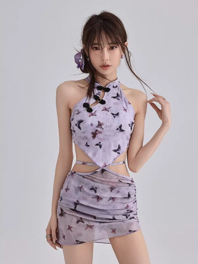 Mandarin Collar Butterfly Print Two-Piece Swimwear - View 6 | WEUXS