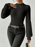 Ribbed Knit Mock Neck Bodysuit - View 7 | WEUXS