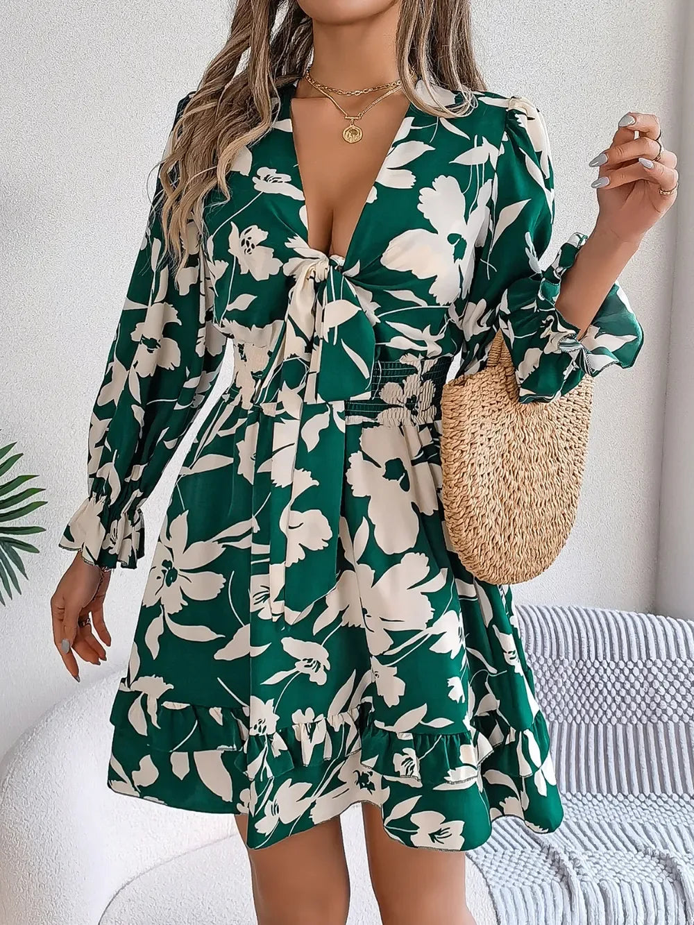 Floral Tie-Front Mini Dress - View 11 | WEUXS