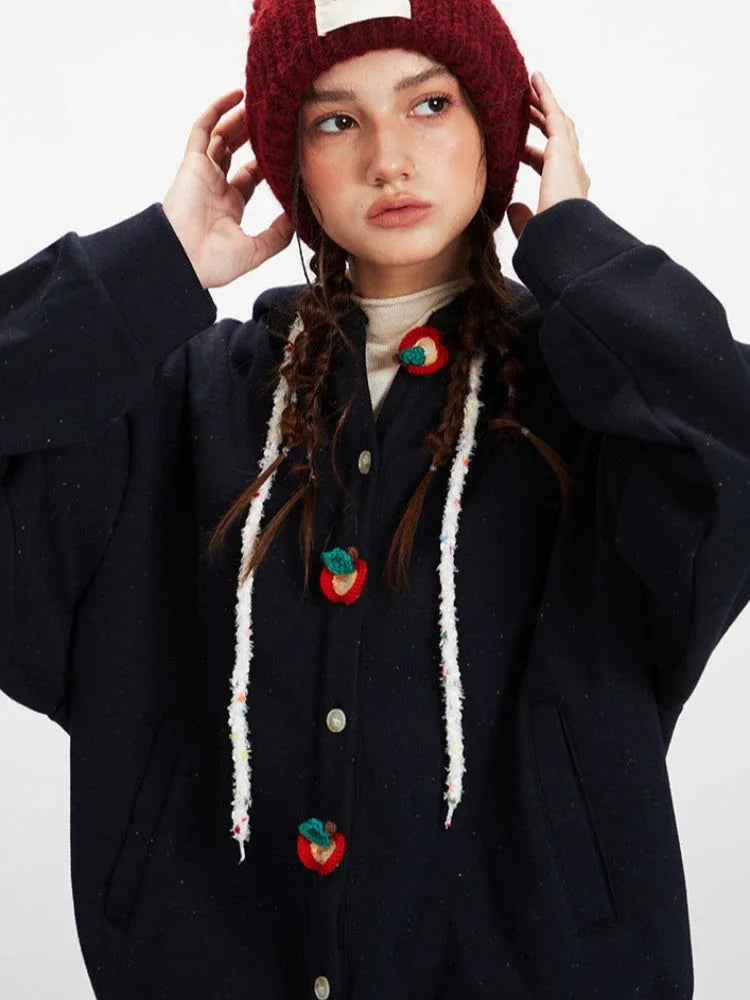 Navy Speckled Apple Button Hoodie - WEUXS