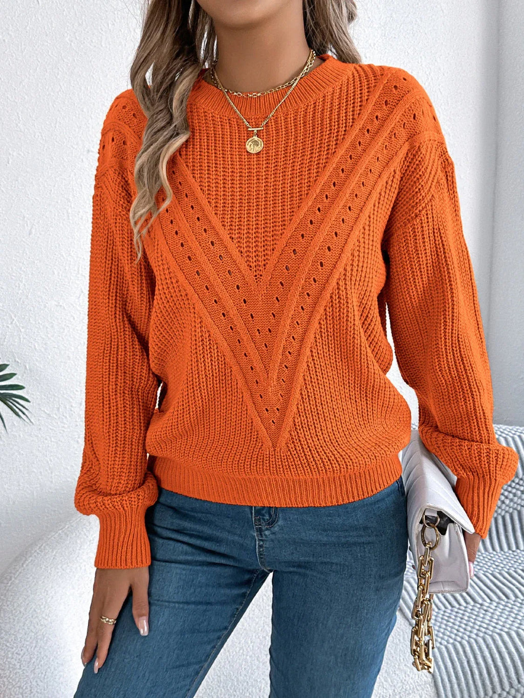 Pointelle knit crew neck sweater - View 11 | WEUXS