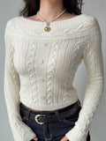 Cream cable knit cropped sweater with off-the-shoulder neckline and button detail