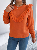Elegant Gray Ruffle Trim Knit Sweater - WEUXS