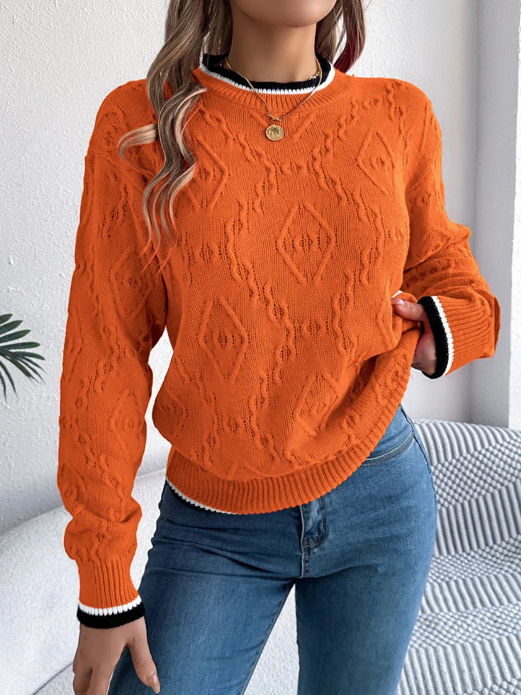 Khaki Textured Knit Crew Neck Sweater - View 8 | WEUXS