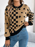 Gray polka dot and checkerboard knit sweater with crew neck and lantern sleeves. - View 13 | WEUXS