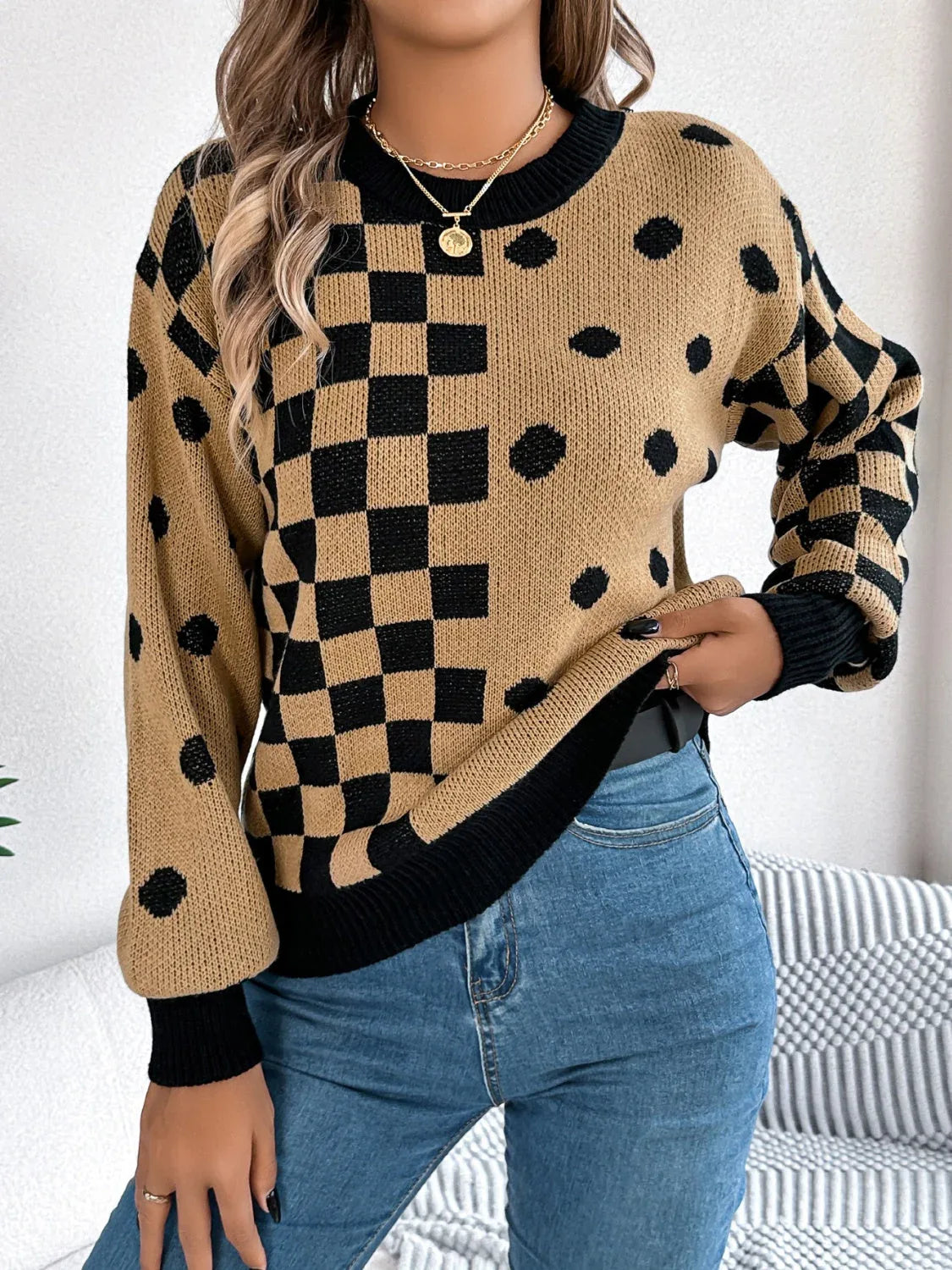 Gray polka dot and checkerboard knit sweater with crew neck and lantern sleeves. - View 13 | WEUXS