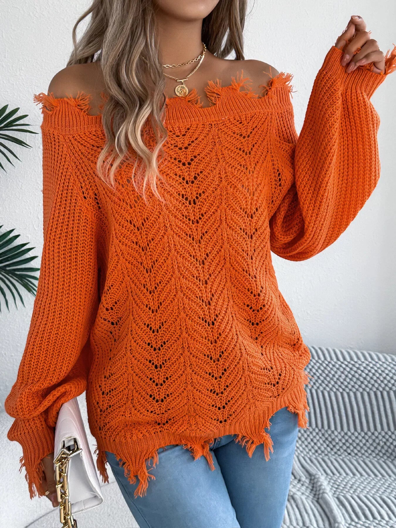 Off-Shoulder Distressed Knit Sweater - View 6 | WEUXS