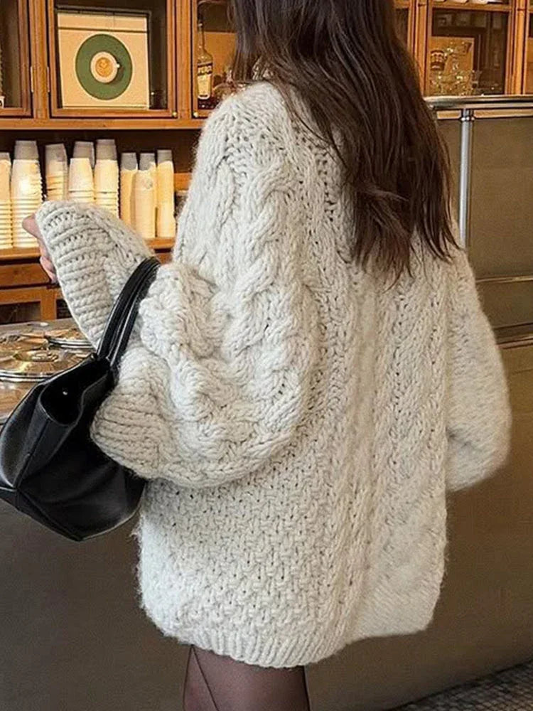 Khaki Chunky Cable Knit Sweater - WEUXS