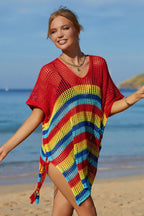 Rainbow Stripe Openwork Slit Cover Up - WEUXS