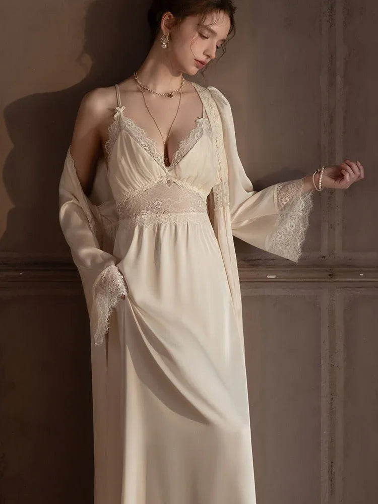 Detail of the bell sleeves with lace cuffs on the robe.