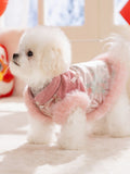 Red Floral Brocade Dog Vest with Faux Fur Trim - View 6 | WEUXS