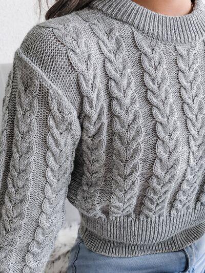 White cable knit crop sweater with lantern sleeves and cinched waist - View 12 | WEUXS